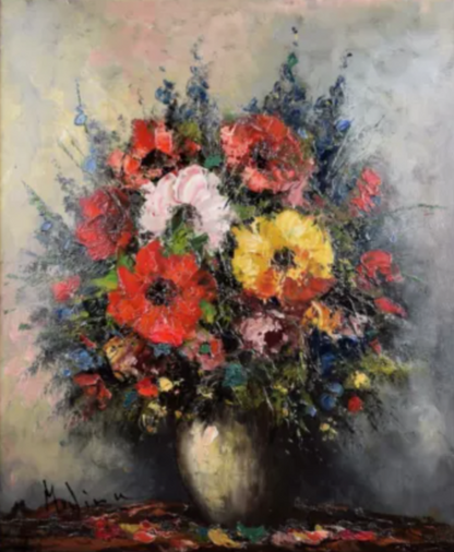 Tableau ancien original tableau signé nature morte bouquet fleurs dans vase