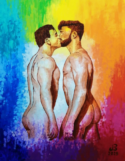 art-decoration-tableau-peinture-huile-toile-portrait male-homme-nu-kiss-arc en ciel