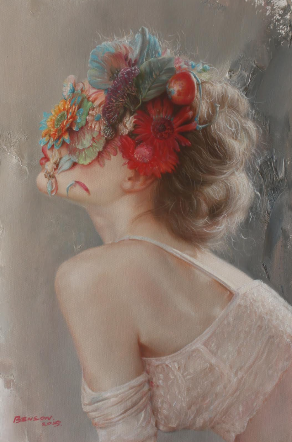 art-decoration-tableau-peinture-huile-toile-portrait-jeune-femme-masque-fleurs