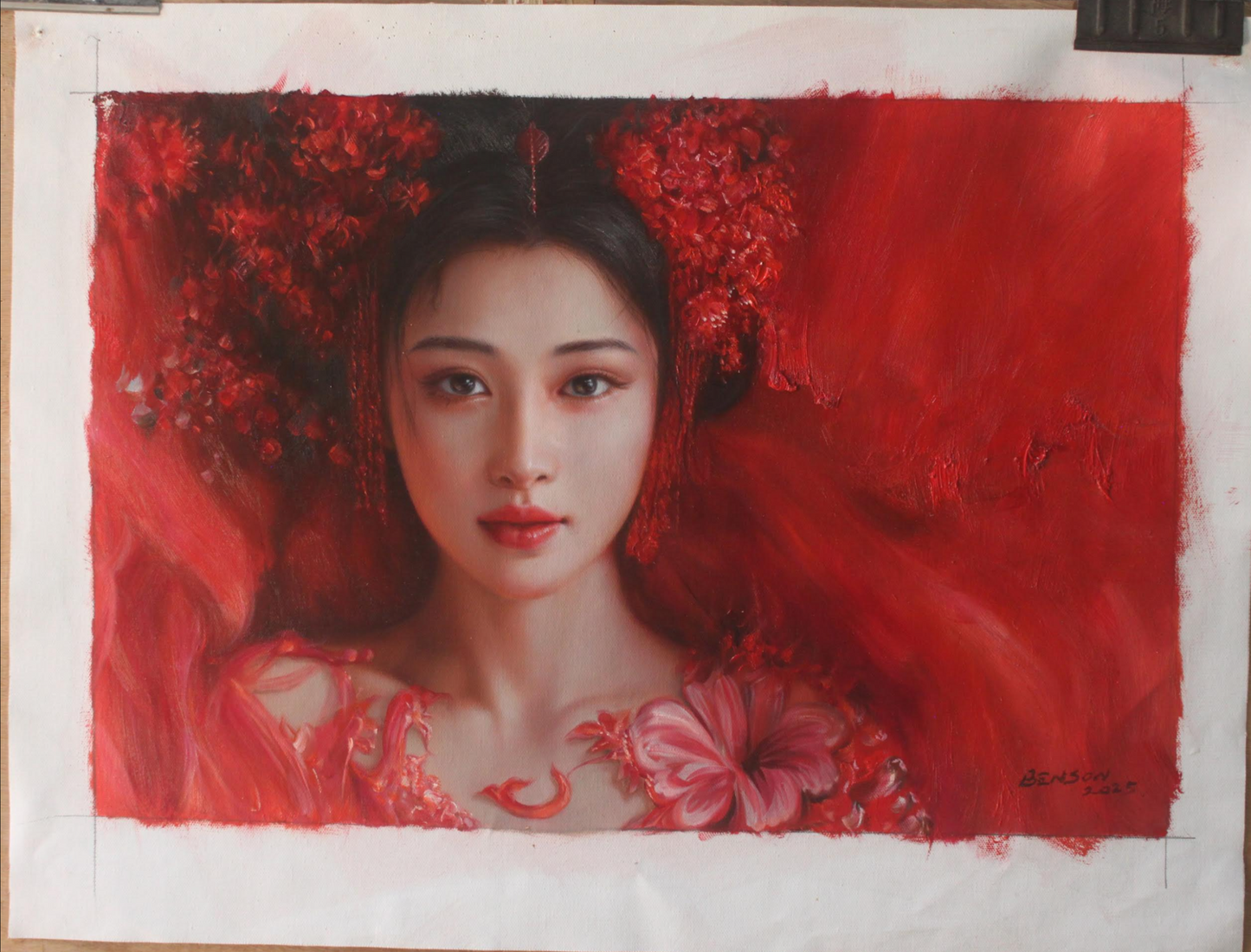 art-decoration-tableau-peinture-huile-toile-portrait-jeune-fille-asiatique-classique-traditionnel-fleurs-rouge