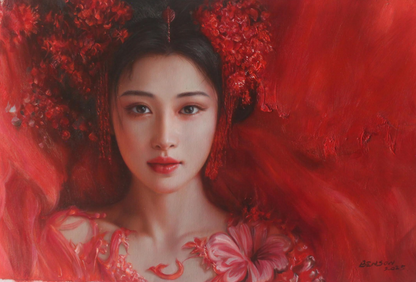 art-decoration-tableau-peinture-huile-toile-portrait-jeune-fille-asiatique-classique-traditionnel-fleurs-rouge