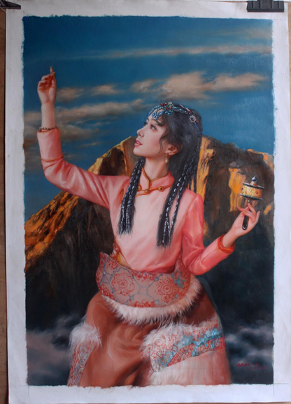 art-decoration-tableau-peinture-huile-toile-portrait-jeune-fille-asiatique-tibet-classique-traditionnel-moulin-prieres