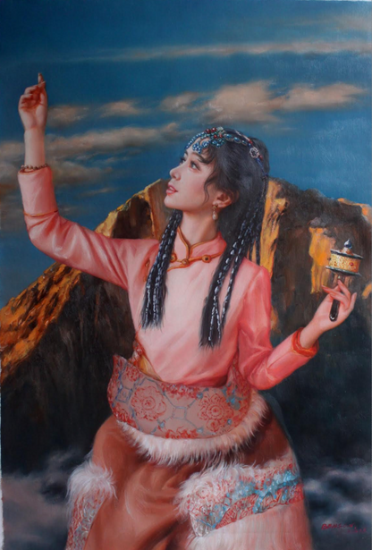 art-decoration-tableau-peinture-huile-toile-portrait-jeune-fille-asiatique-tibet-classique-traditionnel-moulin-prieres