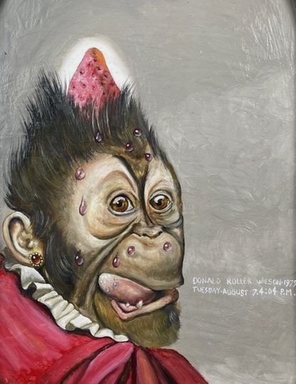 art-decoration-tableau-peinture-huile-toile-surrealisme-portrait-singe-fraise-d'apres Donald Roller