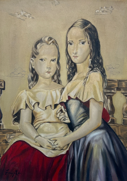 art-decoration-tableau-peinture-huile-toile-moderne-portrait-petite-fille-personnage-enfant-deux-soeurs-d'aprés Tsuguharu Foujita