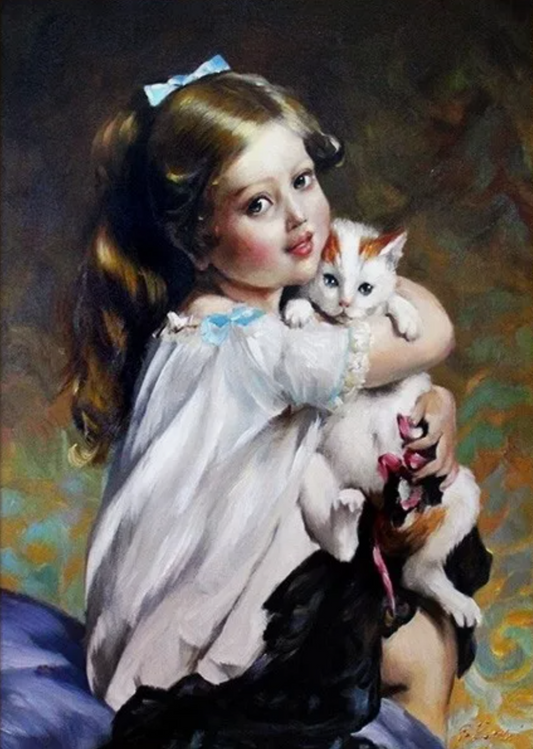 Little girl with a kitten - 84x64cm Hand painted oil painting on canvas framed