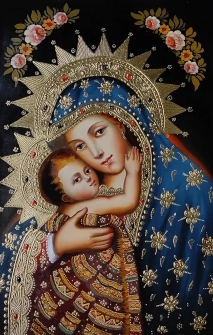 art-decoration-tableau-peinture-huile-toile-portrait-religieux-sainte-vierge-marie-enfant-jesus-cuzco