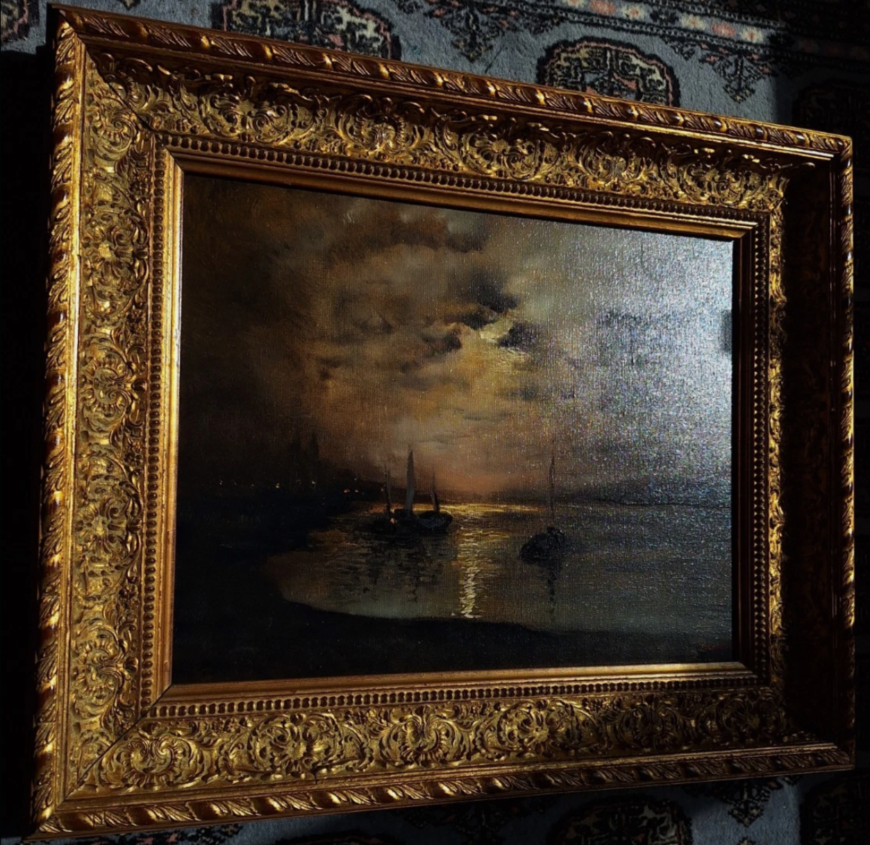 Peinture à l'huile originale romantique voilier coucher de soleil d'après Louis Douzette