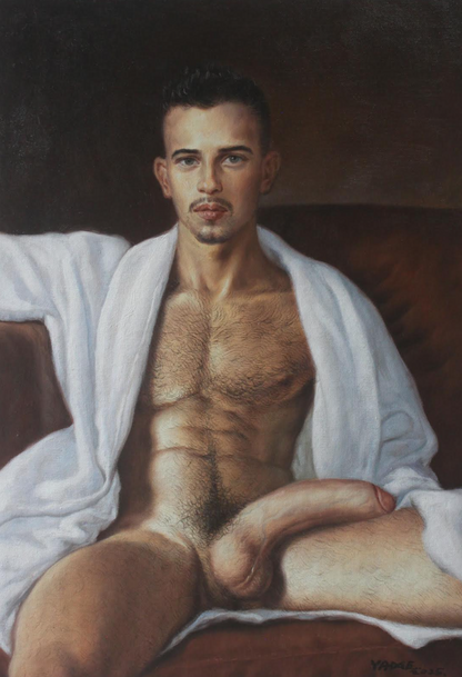 art-decoration-tableau-peinture-huile-toile-portrait-homme-nu-Un homme viril bien fourni