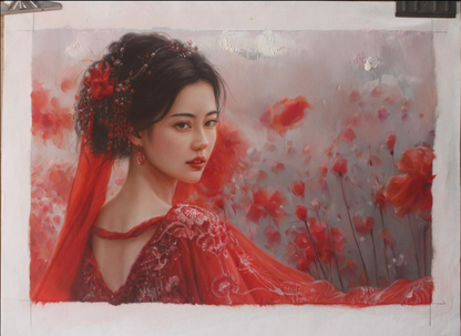 art-decoration-tableau-peinture-huile-toile-portrait-jeune-fille-asiatique-classique-traditionnel-champ-fleurs-rouge