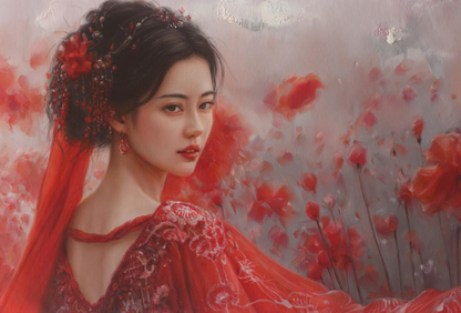art-decoration-tableau-peinture-huile-toile-portrait-jeune-fille-asiatique-classique-traditionnel-champ-fleurs-rouge