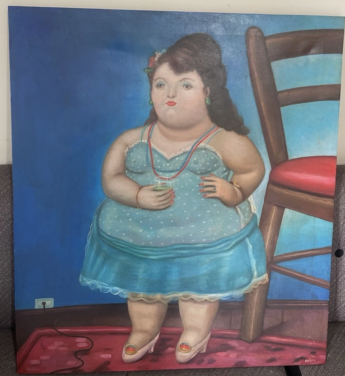 art-decoration-tableau-peinture-huile-toile-portrait-femme-robe bleue-fat-d'apres Botero