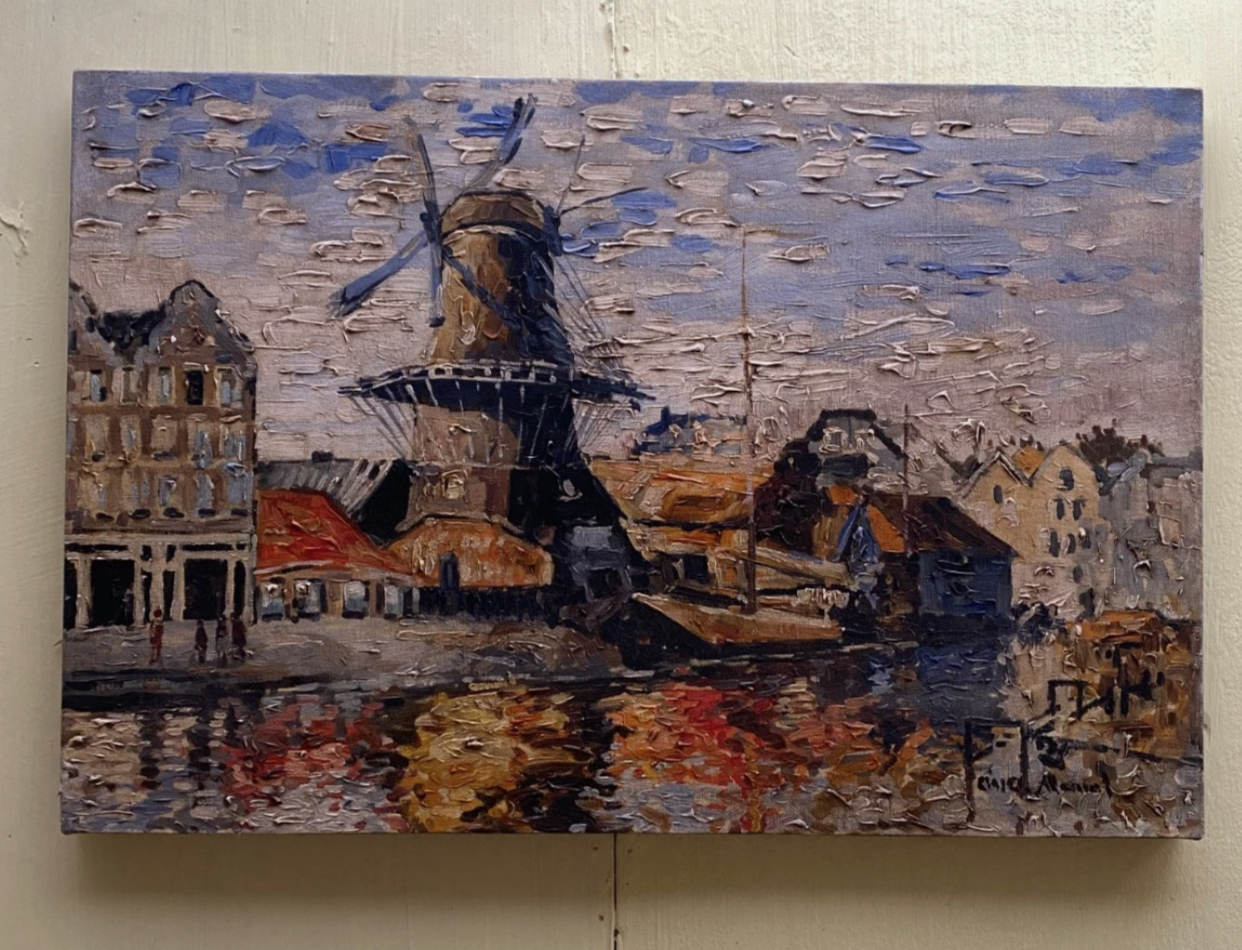 art-decoration-tableau-peinture-huile-toile-paysage-campagne-moulin-vent-d'après Van Gogh
