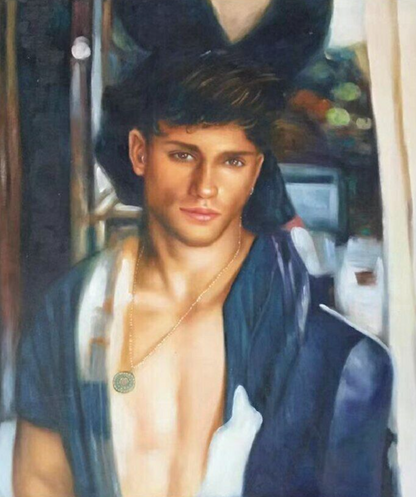art-decoration-tableau-peinture-huile-toile-portrait-masculin-male-homme-torse-nu-pendentif