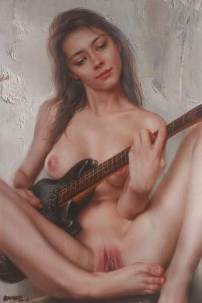 art-decoration-tableau-peinture-huile-toile-portrait-feminin-femme-brune-musicienne-guitarre-nue-intégrale-ouverte