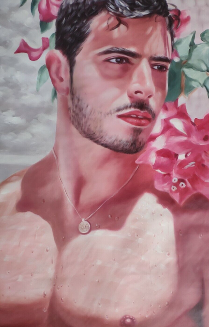 art-decoration-tableau-peinture-huile-toile-portraitmasculin-male-homme-torse-nu-fleurs