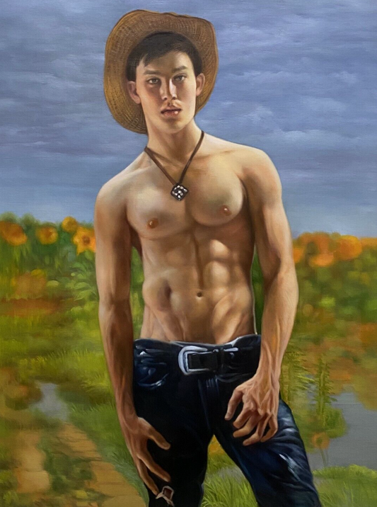 art-decoration-tableau-peinture-huile-toile-portrait-masculin-jeune-homme-torse-nu-chapeau-cow-boy