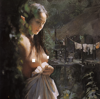 portrait  femme asiatique nue originale peinture huile sur toile signée