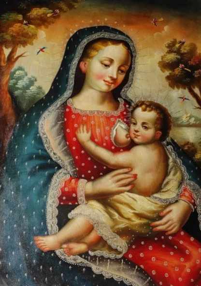 art-decoration-tableau-peinture-huile-toile-portrait-religieux-sainte-vierge-marie-sein-enfant-jesus-cuzco