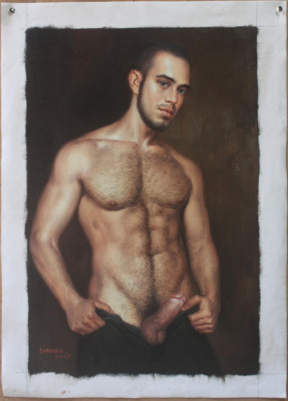 art-decoration-tableau-peinture-huile-toile-portrait-homme-nu-Un homme viril sexy poilu