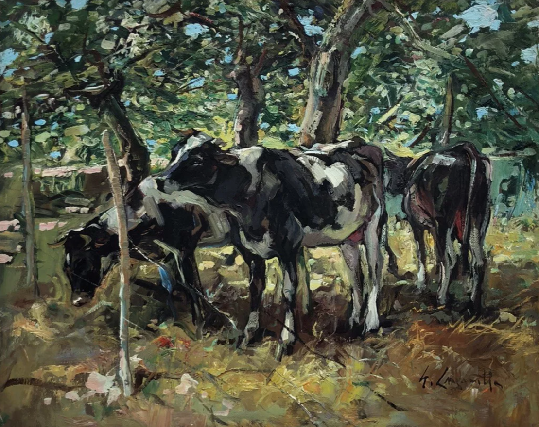 paysage Peinture à l'huile sur toile "vaches" campagne