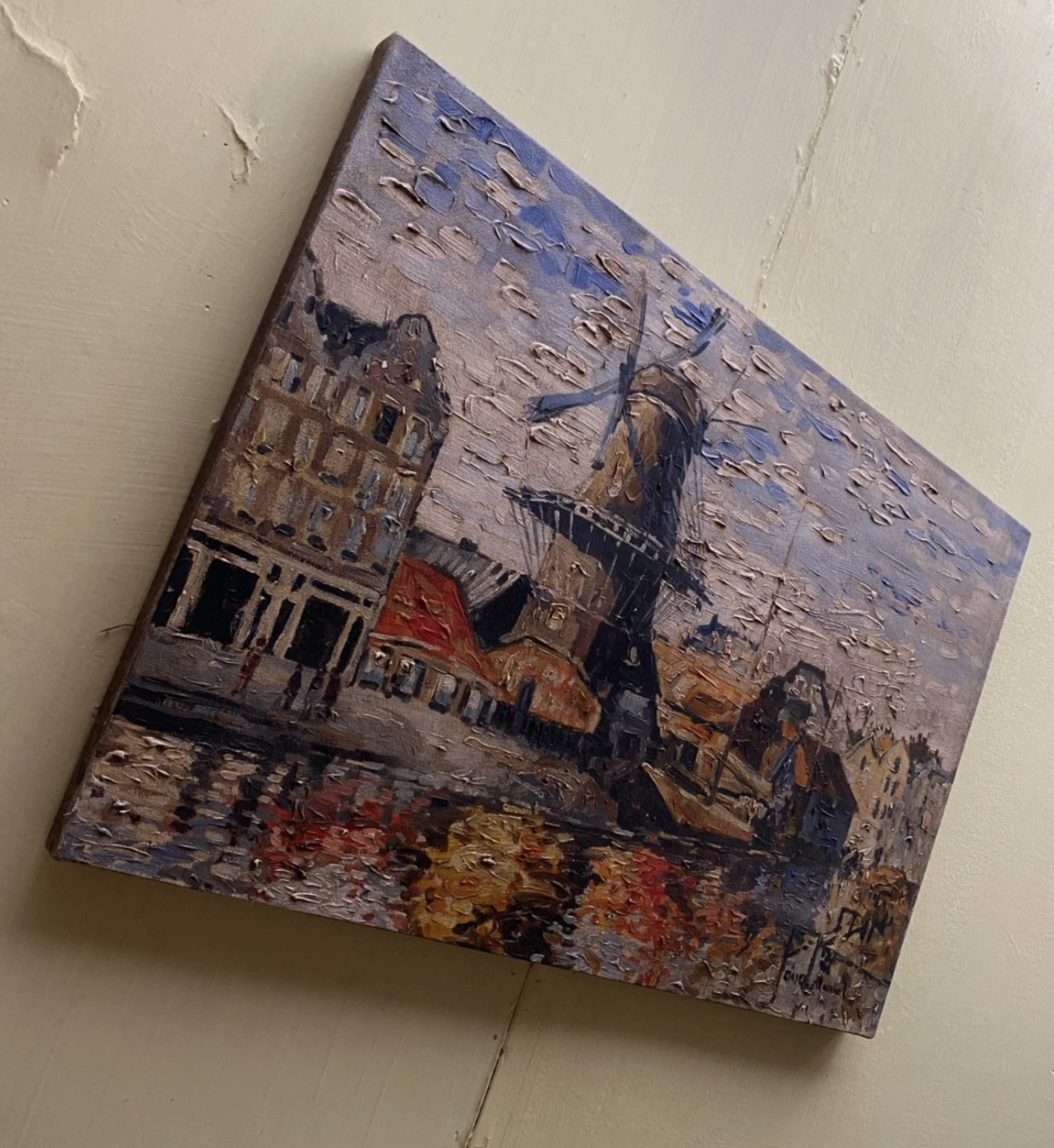 art-decoration-tableau-peinture-huile-toile-paysage-campagne-moulin-vent-d'après Van Gogh