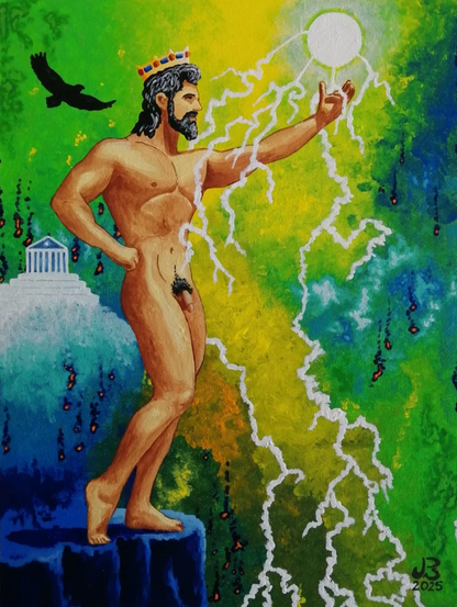 art-decoration-tableau-peinture-huile-toile-portrait male-homme-nu-barbe-cheveux noir-dieu-olympe