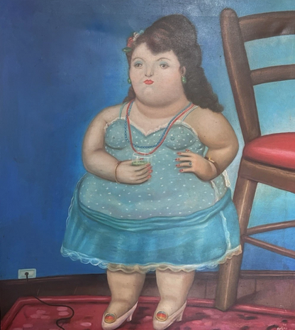 art-decoration-tableau-peinture-huile-toile-portrait-femme-robe bleue-fat-d'apres Botero