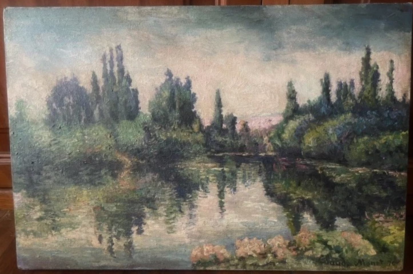 art-decoration-tableau-peinture-huile-toile-paysage-riviere-arbres-d'après Monet
