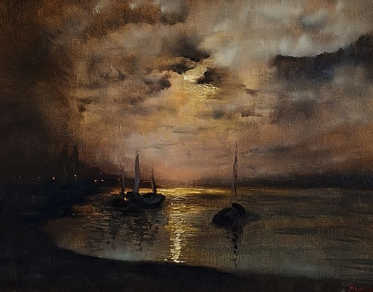 Peinture à l'huile originale romantique voilier coucher de soleil d'après Louis Douzette