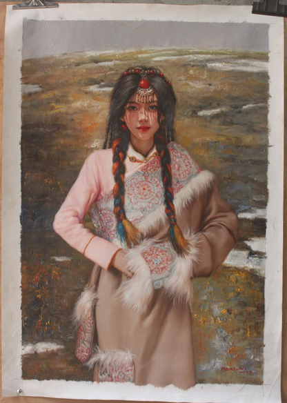 art-decoration-tableau-peinture-huile-toile-portrait-jeune-fille-asiatique-tibet-classique-traditionnel-costume