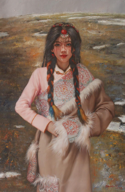 art-decoration-tableau-peinture-huile-toile-portrait-jeune-fille-asiatique-tibet-classique-traditionnel-costume
