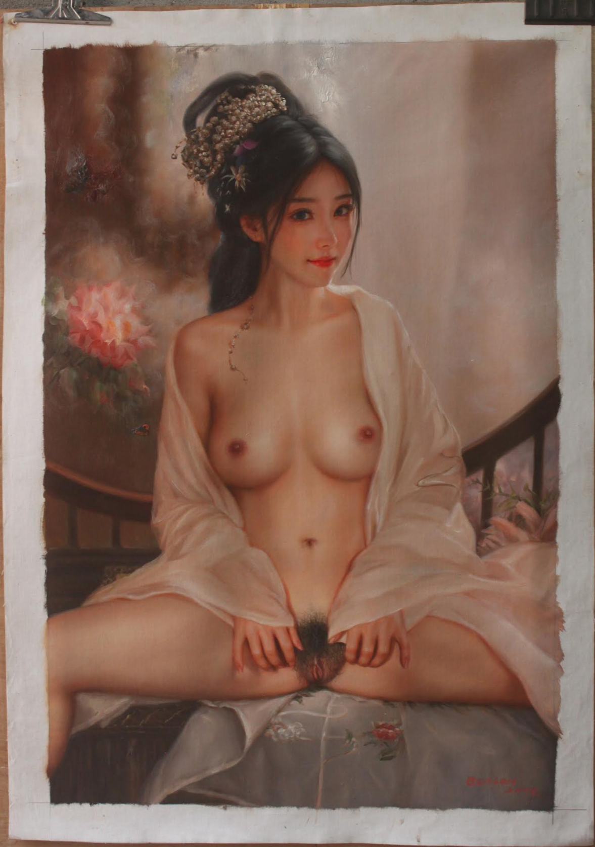 art-decoration-tableau-peinture-huile-toile-portrait-feminin-femme-brune-asiatique-souriante-nue-intégrale-pubis