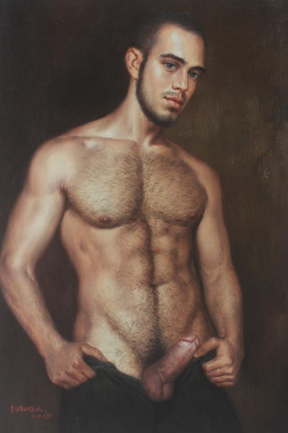 art-decoration-tableau-peinture-huile-toile-portrait-homme-nu-Un homme viril sexy poilu