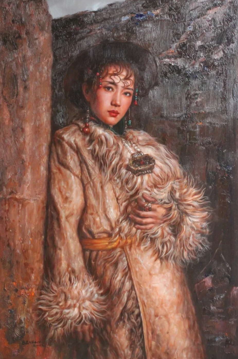 art-decoration-tableau-peinture-huile-toile-portrait-jeune-femme-asiatique-tibet-classique-traditionnel-costume-bergère