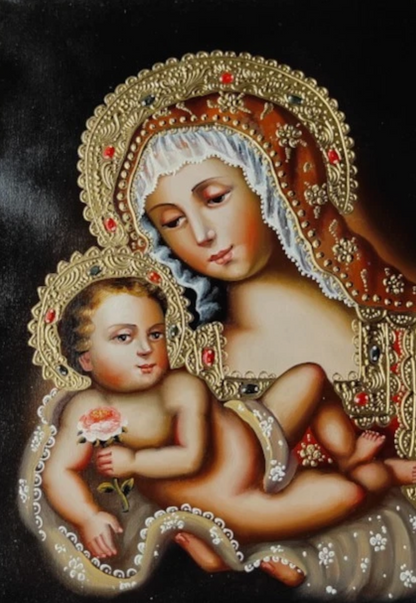 Sainte Vierge Marie et l'enfant Jésus, Peinture à l'huile originale, Peinture Cuzco, Peinte à la main, Icône