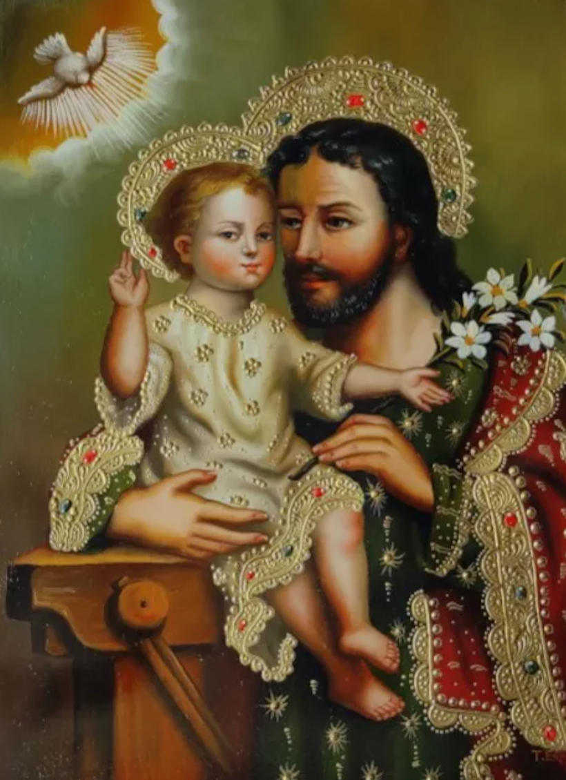 Saint Joseph et l'enfant, peinture à l'huile peinte à la main, art catholique, peinture Cuzco
