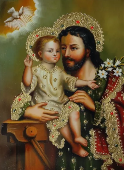Saint Joseph et l'enfant, peinture à l'huile peinte à la main, art catholique, peinture Cuzco