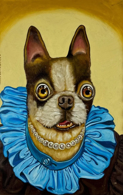 art-decoration-tableau-peinture-huile-toile-surrealisme-portrait-chien-d'apres Donald Roller