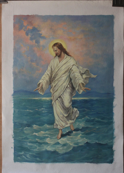 art-decoration-tableau-peinture-huile-toile-portrait-homme-religion-jésus marchant sur les eaux
