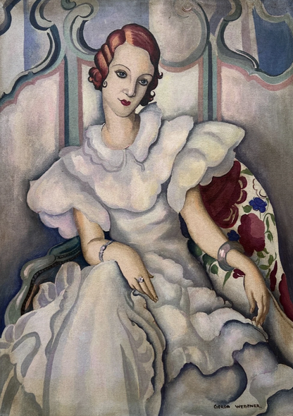art-decoration-tableau-peinture-huile-toile-moderne-portrait-feminin-femme-personnage-robe-blanche-d'aprés Gerda Wegener