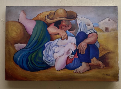 art-decoration-tableau-peinture-huile-toile-scene-paysan-sieste-champ