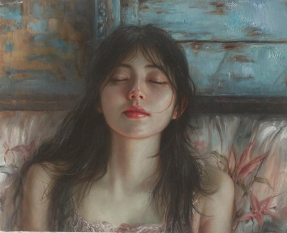 art-decoration-tableau-peinture-huile-toile-portrait-jeune-fille-asiatique-endormie