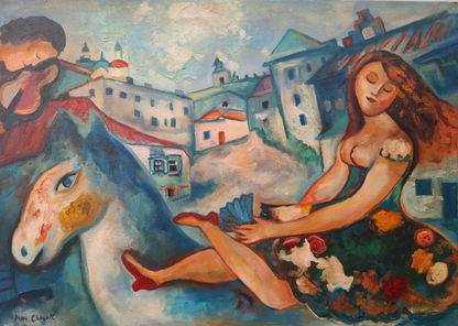 art-decoration-tableau-peinture-huile-toile-scene-personnages-d'après chagall