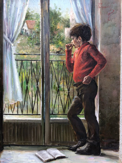 art-peinture-tableau-scene-garçon-fenetre-songe-liberté-huile-toile